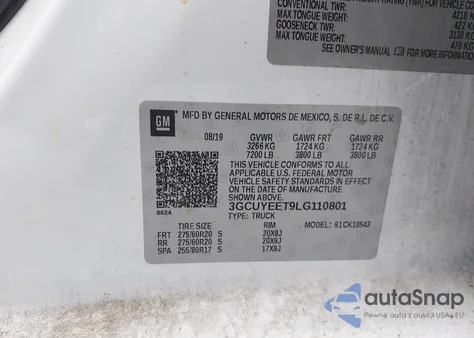 2020 Chevrolet Silverado 1500 4Wd Short Bed Rst z USA, uszkodzony, nr VIN 3GCUYEET9LG110801